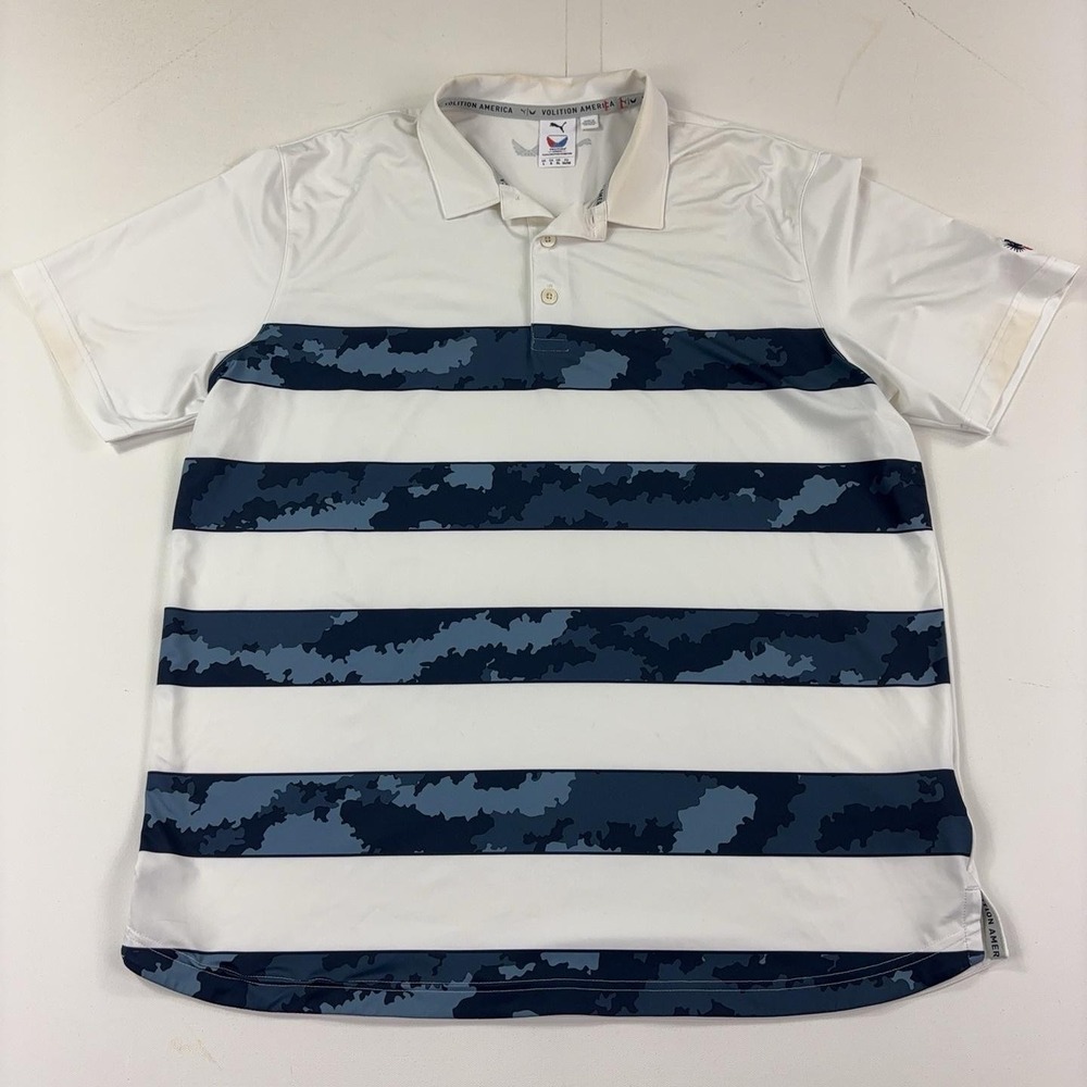 PUMA Volition America Polo Shirt Mens L White Camo Striped Golf Short Sleeve
